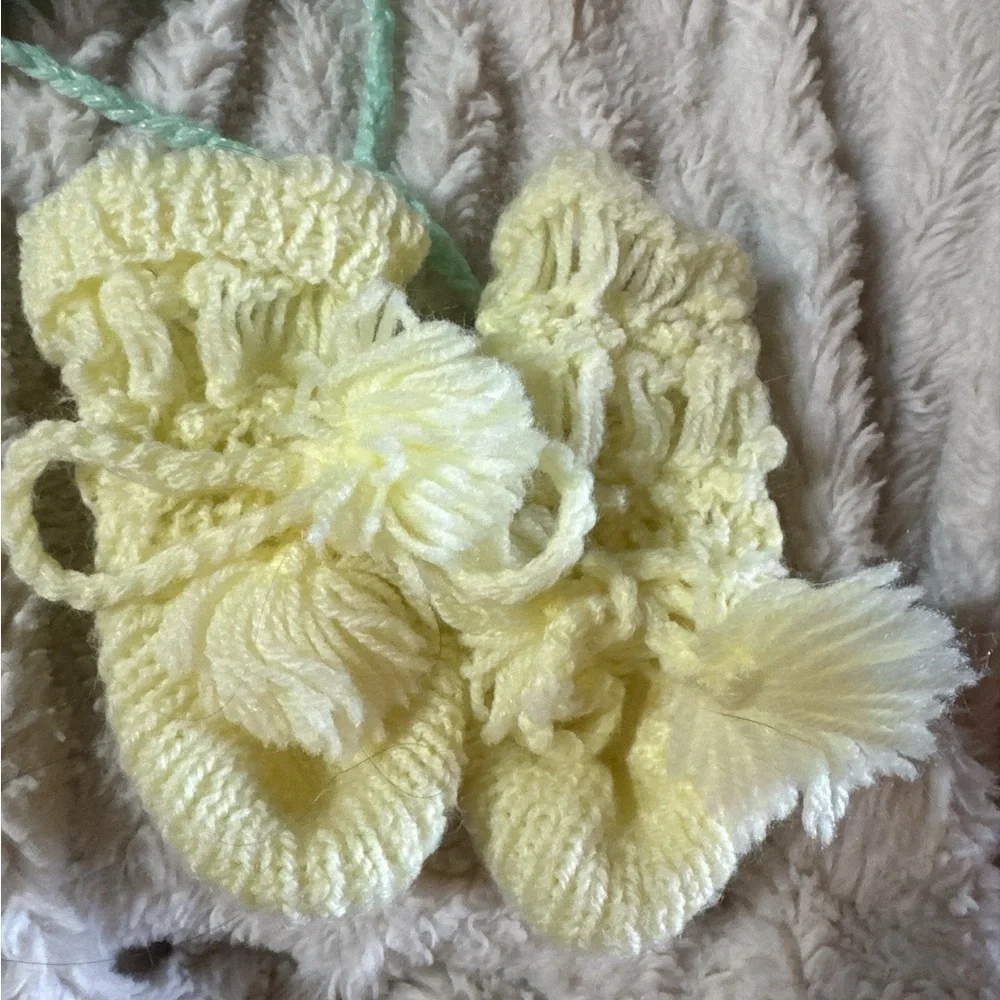 Vintage (1980) crocheted hat and booties / mint / yellow/  See pics